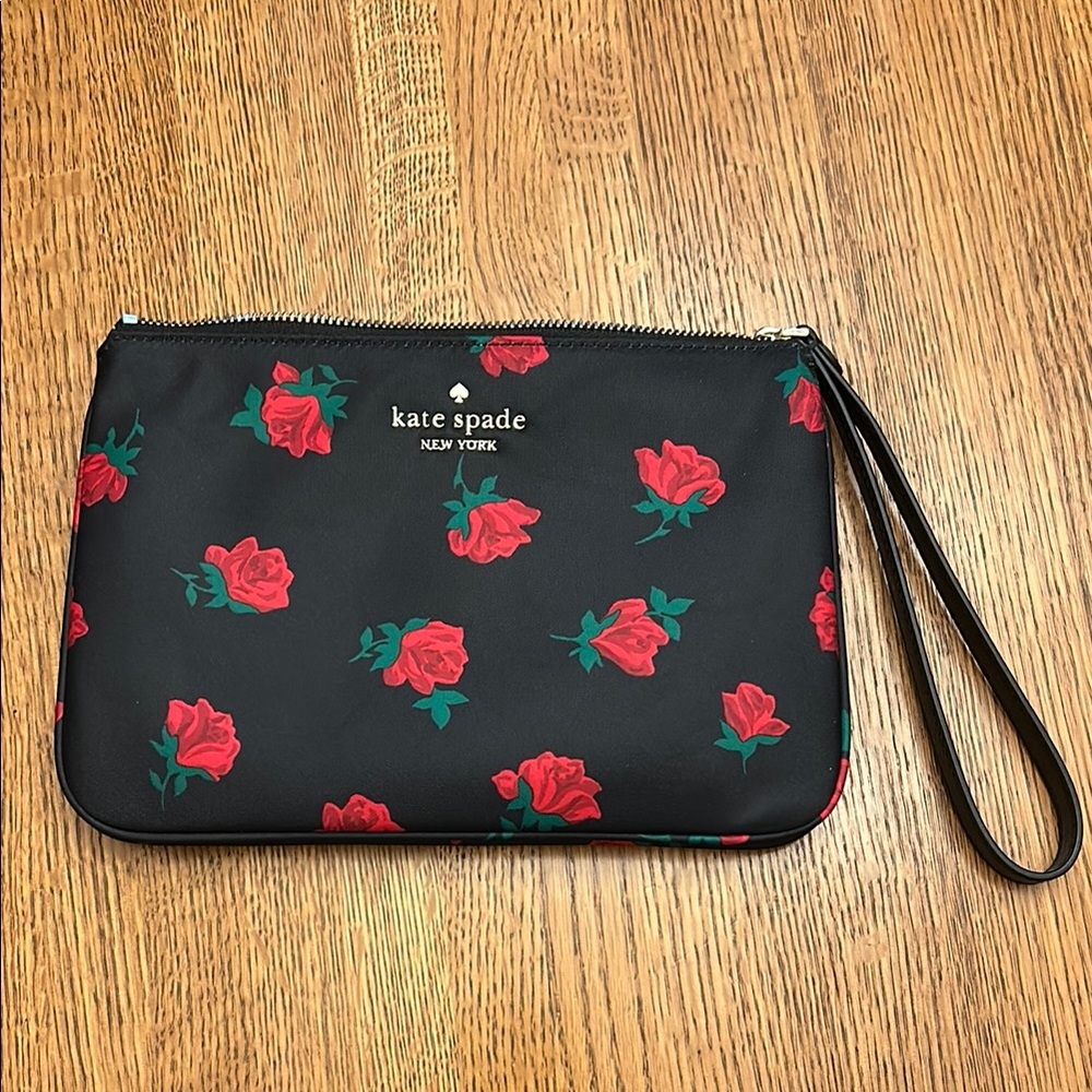 Kate Spade Black Pouch with Red Rose Pattern